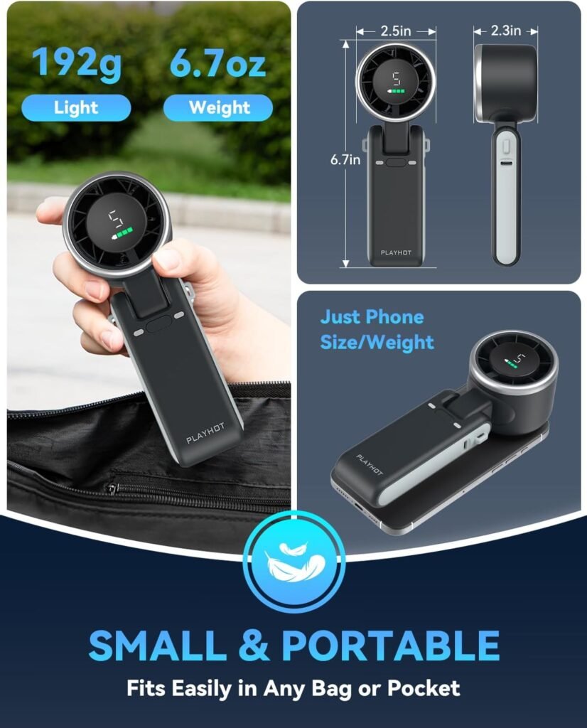 PlayHot Portable Handheld Turbo Fan with foldable design and rechargeable battery