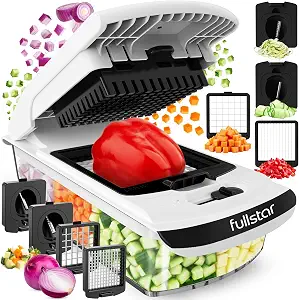Fullstar vegetable chopper with interchangeable cutting blades and collection container
