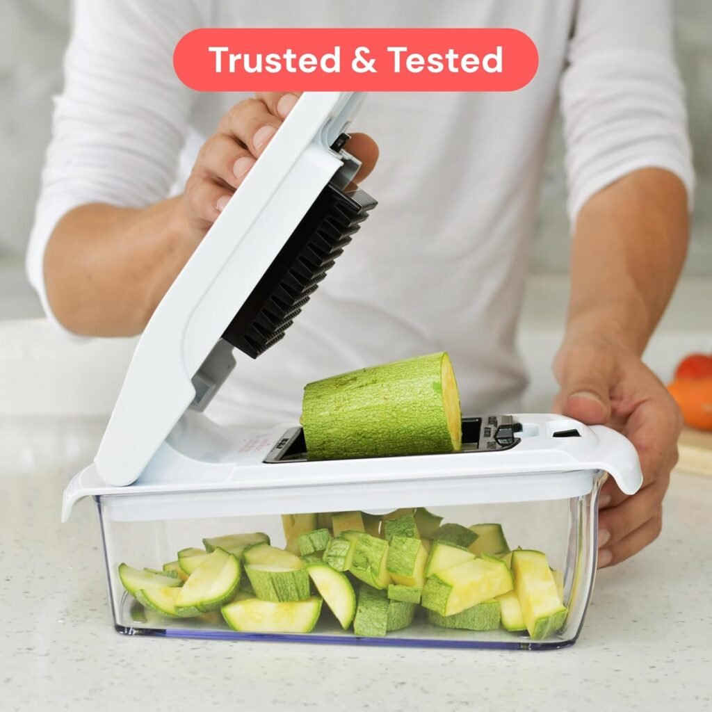 Fullstar vegetable chopper with interchangeable cutting blades and collection container