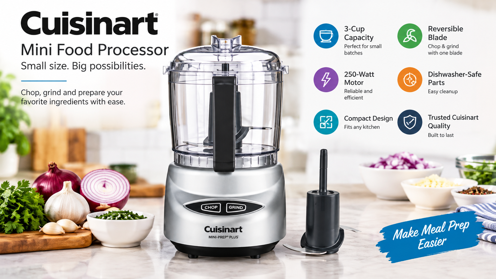 Cuisinart Mini Food Processor with 3-cup capacity and reversible blade