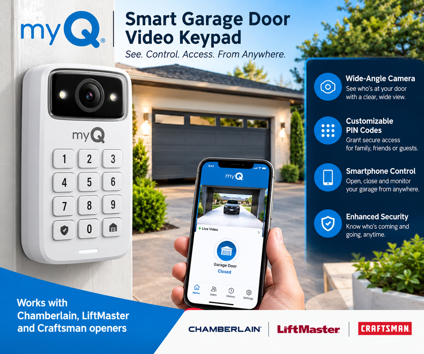 myQ Smart Garage Door Video Keypad with Wide-Angle Camera,Customizable PIN Codes
