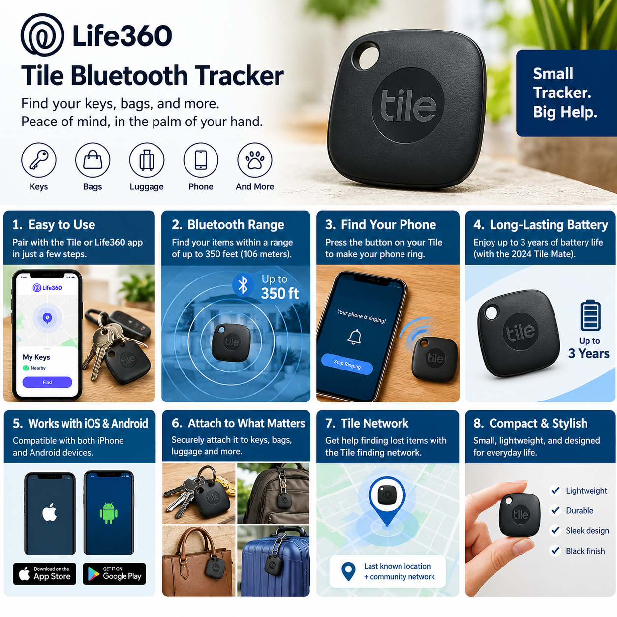 Life360 Tile Bluetooth Tracker features including Bluetooth range, phone finder, battery life, and iOS Android compatibility.