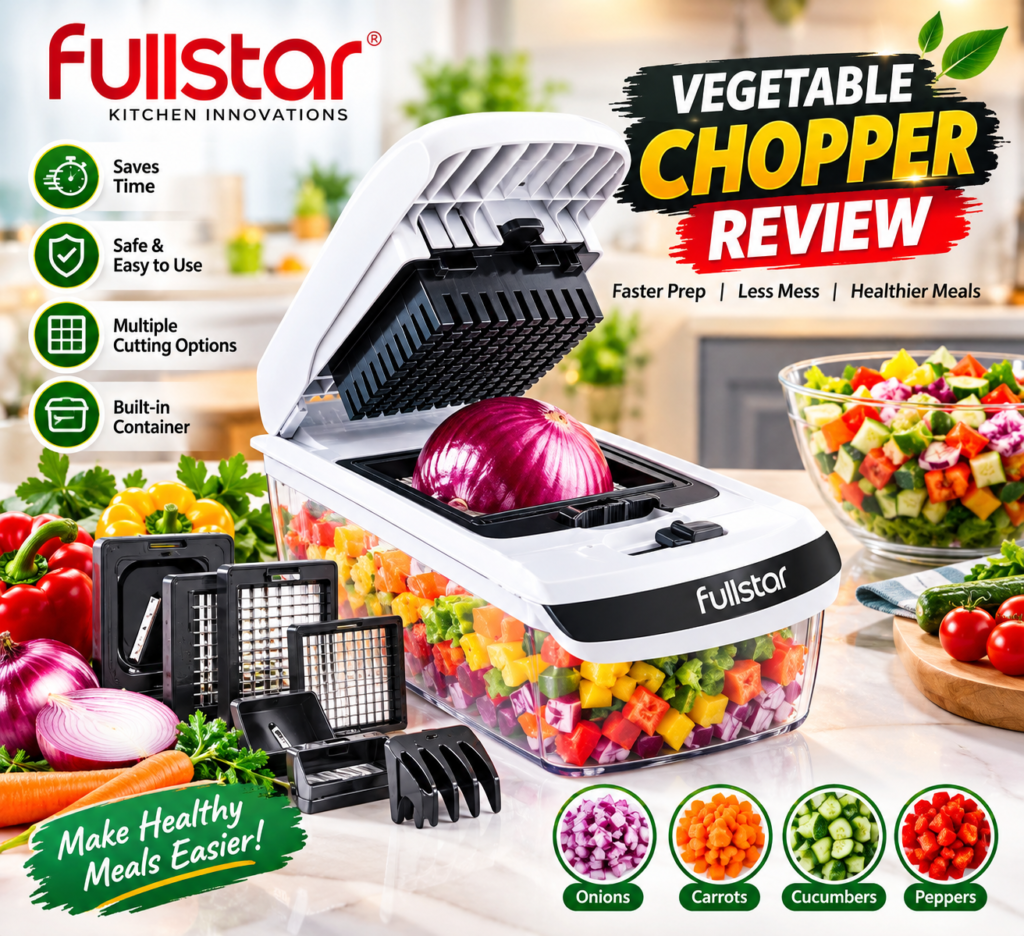 Fullstar vegetable chopper with interchangeable cutting blades and collection container