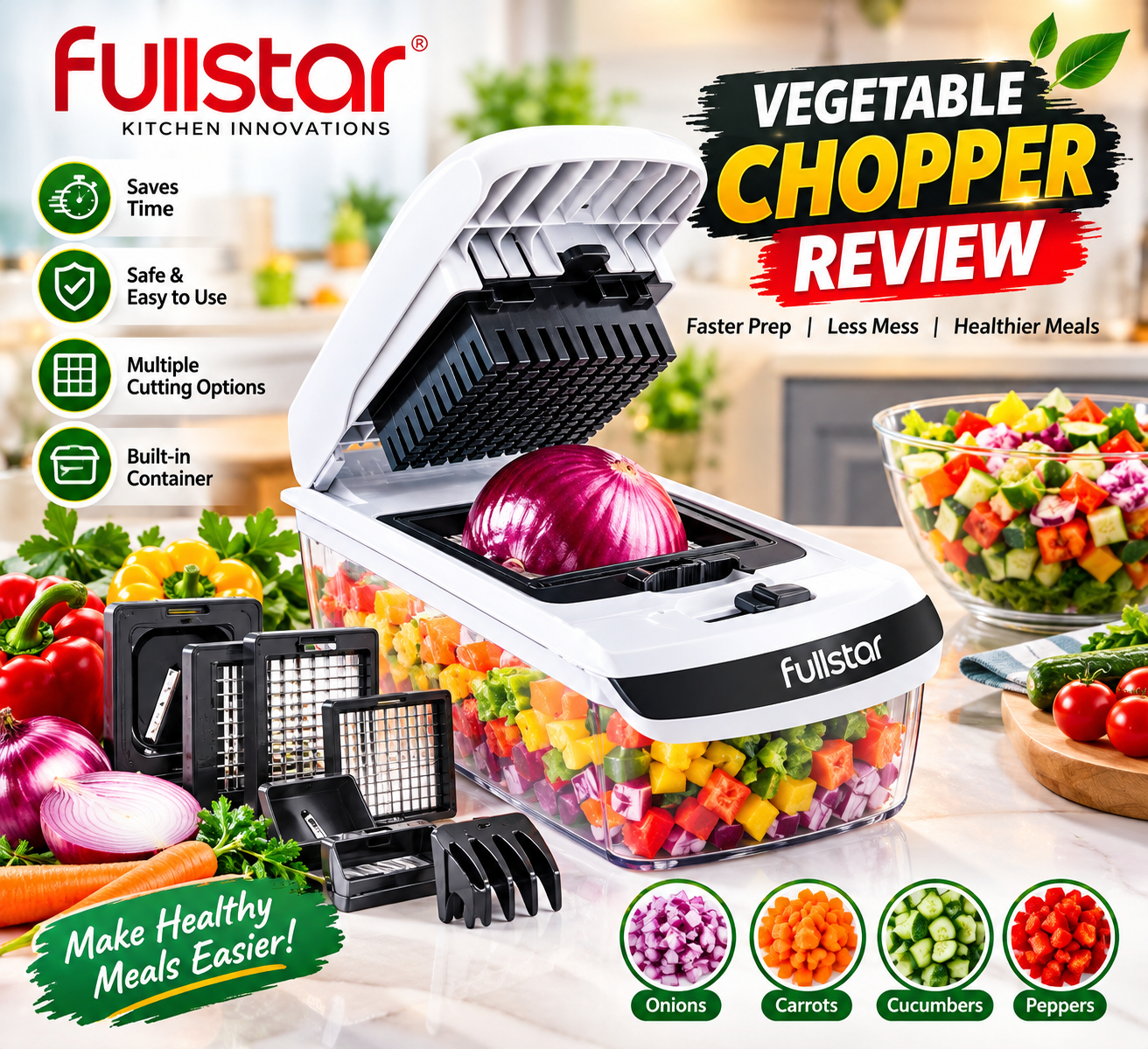 Fullstar vegetable chopper with interchangeable cutting blades and collection container