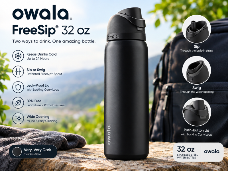 Owala FreeSip 32 oz Stainless Steel Water Bottle Very Very Dark