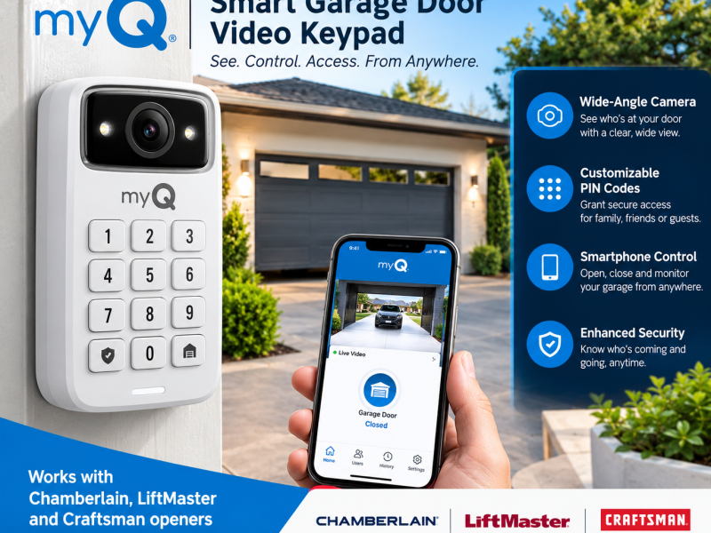 myQ Smart Garage Door Video Keypad with Wide-Angle Camera,Customizable PIN Codes