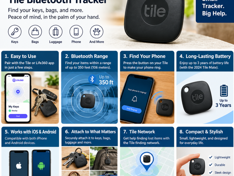 Life360 Tile Bluetooth Tracker features including Bluetooth range, phone finder, battery life, and iOS Android compatibility.